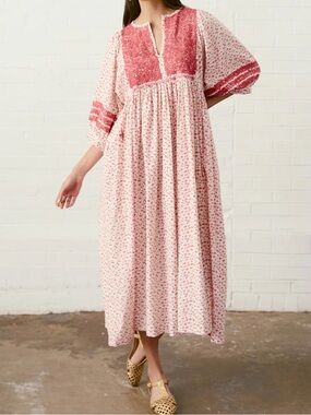 Mi Golondrina Women’s Hand Embroidered Violeta Rosa Floral Midi Dress Small S